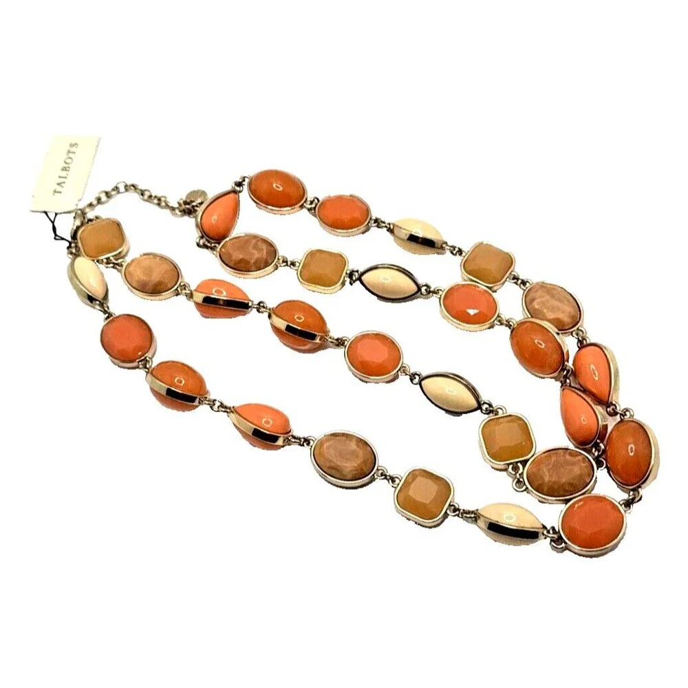 NWT TALBOTS Statement Necklace Peach Orange Tan Gold Tone Links 36-38